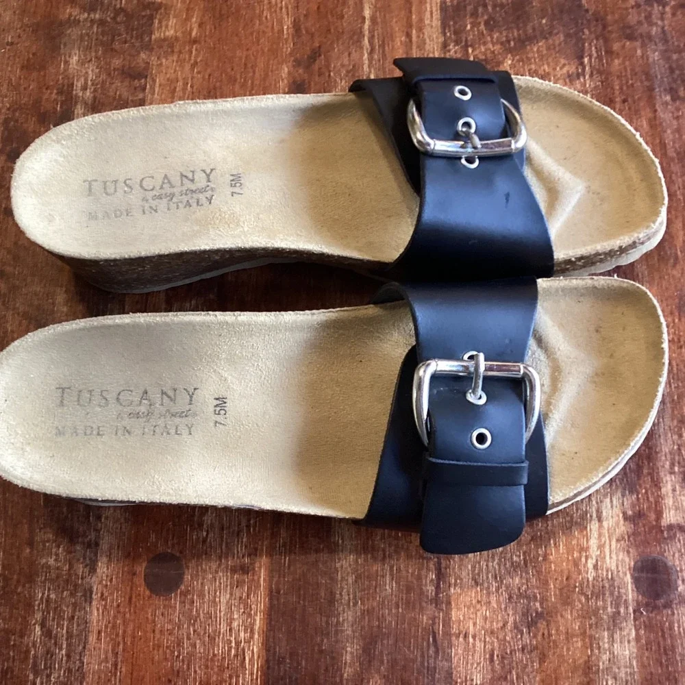 Tuscany by Easy Street Black Buckle Cork Wedge Slide Sandals Made in Italy‎ 7.5M